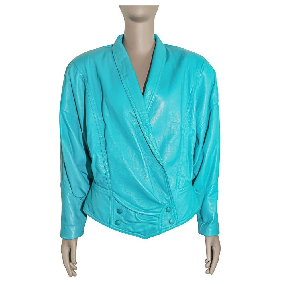 Vintage 80s Leather‎ Jacket Size Medium Teal